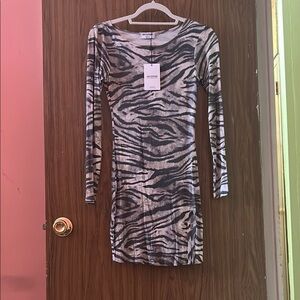 LNA Black and White Animal Print Long Sleeve Dress